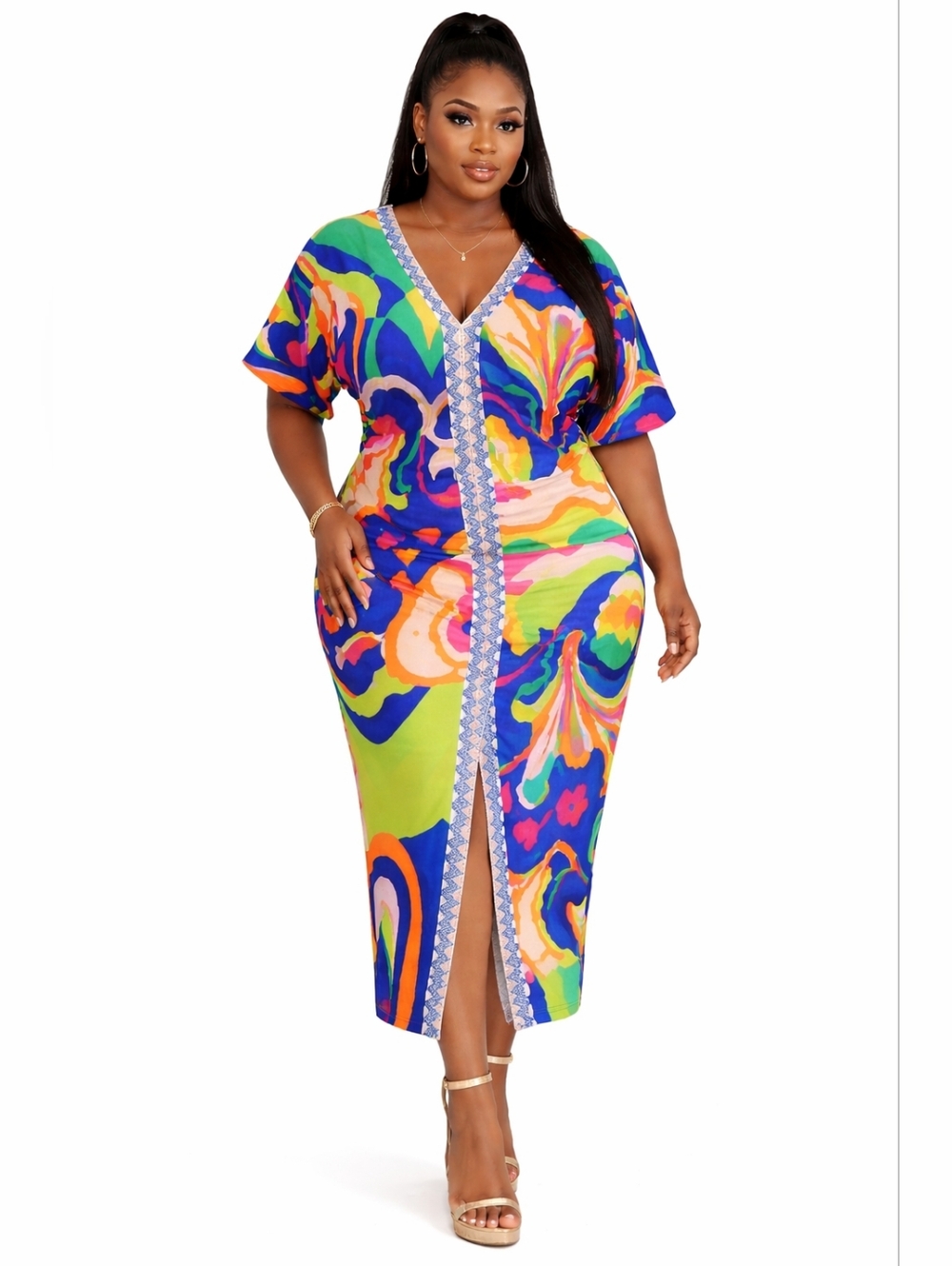Ashley Stewart Plus Size 18/20 Colorful Abstract Print Ruched Dress Stretch.
